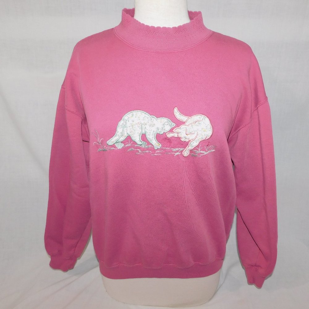 Vintage Willow Ridge Pink Embroidered Cats oversized Sweatshirt Womens M